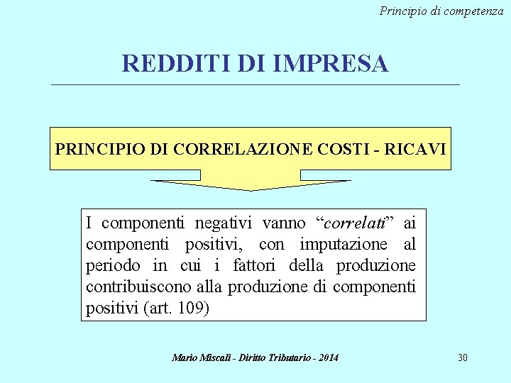 Principio di competenza REDDITI DI IMPRESA ________________________________________________________________________ PRINCIPIO DI CORRELAZIONE COSTI - RICAVI I