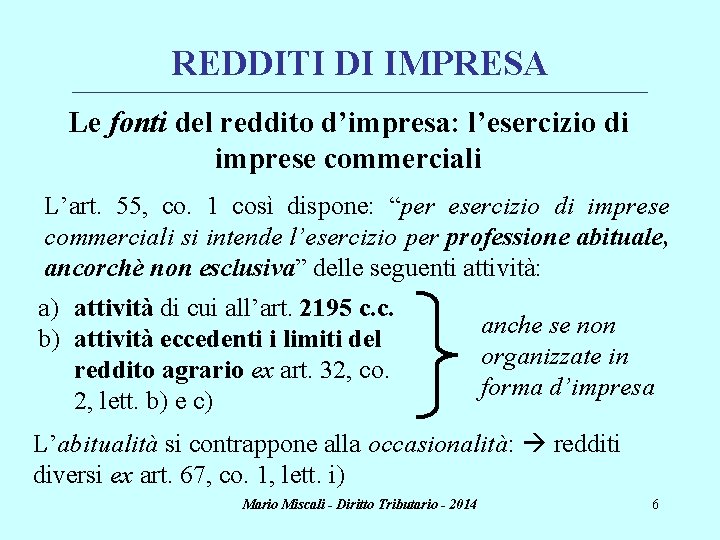 REDDITI DI IMPRESA ________________________________________________________________________ Le fonti del reddito d’impresa: l’esercizio di imprese commerciali L’art.