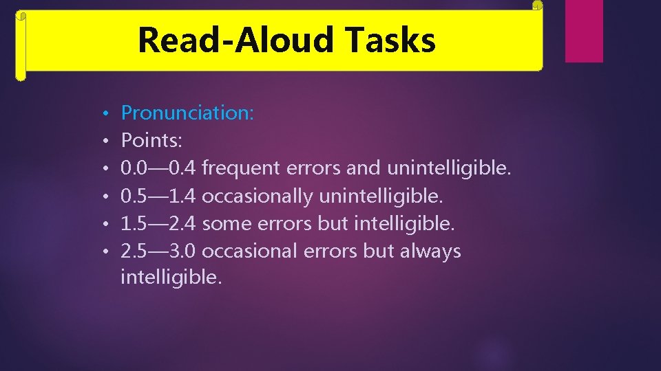 Read-Aloud Tasks • • • Pronunciation: Points: 0. 0— 0. 4 frequent errors and