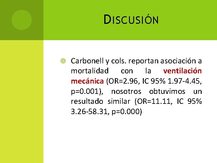 D ISCUSIÓN Carbonell y cols. reportan asociación a mortalidad con la ventilación mecánica (OR=2.