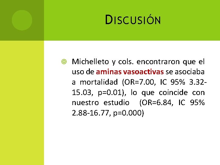 D ISCUSIÓN Michelleto y cols. encontraron que el uso de aminas vasoactivas se asociaba