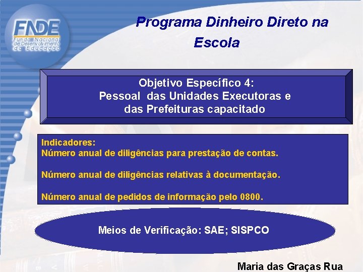  Programa Dinheiro Direto na Escola Objetivo Específico 4: Pessoal das Unidades Executoras e