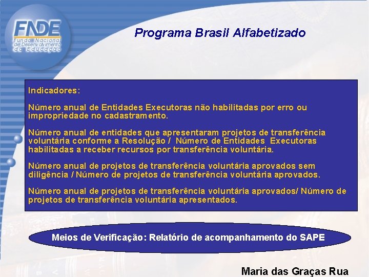 Programa Brasil Alfabetizado Indicadores: Número anual de Entidades Executoras não habilitadas por erro ou