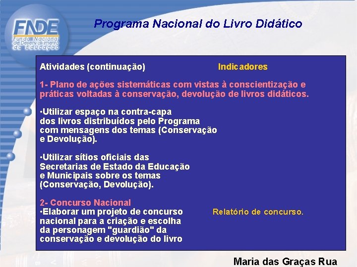  Programa Nacional do Livro Didático Atividades (continuação) Indicadores 1 - Plano de ações