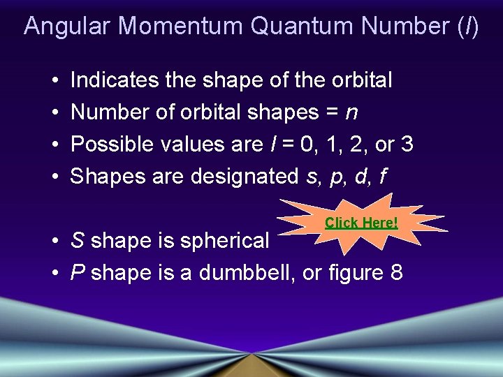 Angular Momentum Quantum Number (l) • • Indicates the shape of the orbital Number