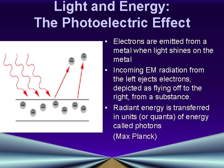 Light and Energy: The Photoelectric Effect • Electrons are emitted from a metal when