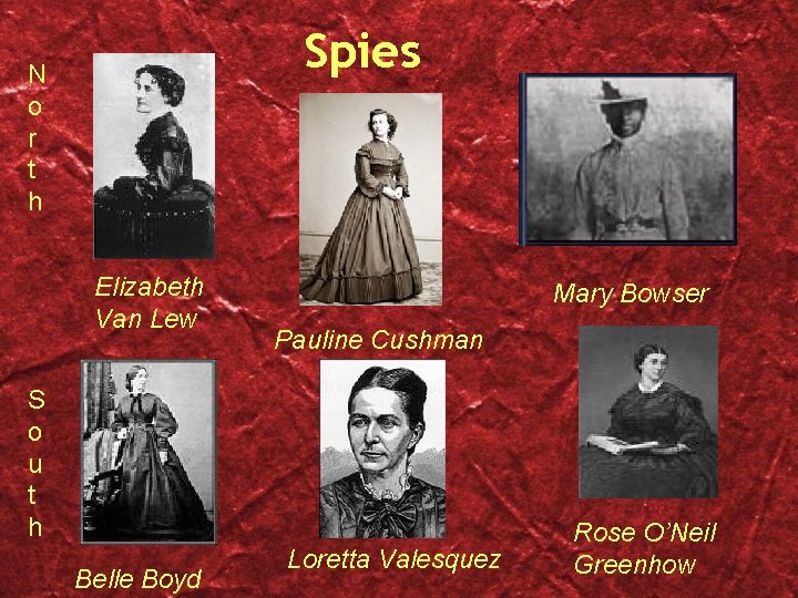 Spies N o r t h Elizabeth Van Lew Mary Bowser Pauline Cushman S