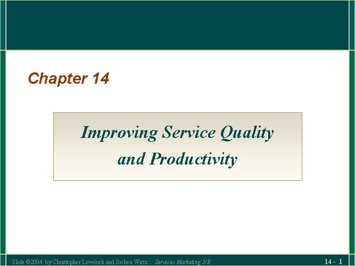 Chapter 14 Improving Service Quality and Productivity Slide © 2004 by Christopher Lovelock and