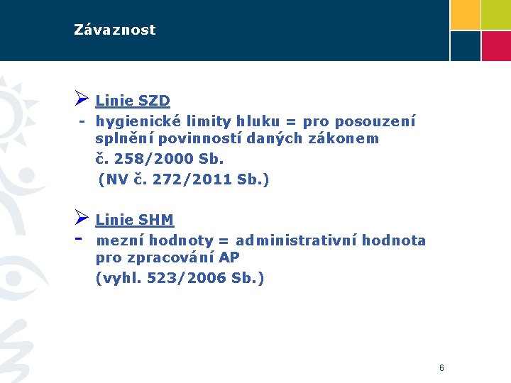 Závaznost Ø Linie SZD - hygienické limity hluku = pro posouzení splnění povinností daných
