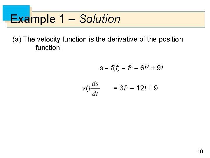 Example 1 – Solution (a) The velocity function is the derivative of the position