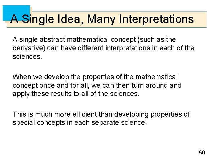 A Single Idea, Many Interpretations A single abstract mathematical concept (such as the derivative)