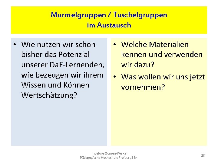 Murmelgruppen / Tuschelgruppen im Austausch • Wie nutzen wir schon • Welche Materialien bisher