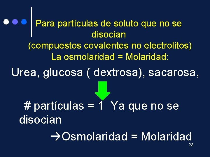 Para partículas de soluto que no se disocian (compuestos covalentes no electrolitos) La osmolaridad