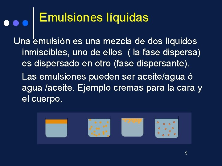 Emulsiones líquidas Una emulsión es una mezcla de dos líquidos inmiscibles, uno de ellos