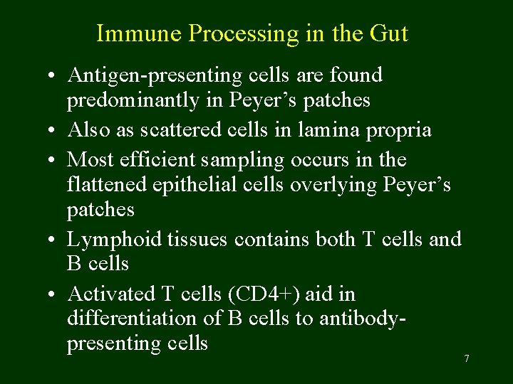 Immune Processing in the Gut • Antigen-presenting cells are found predominantly in Peyer’s patches