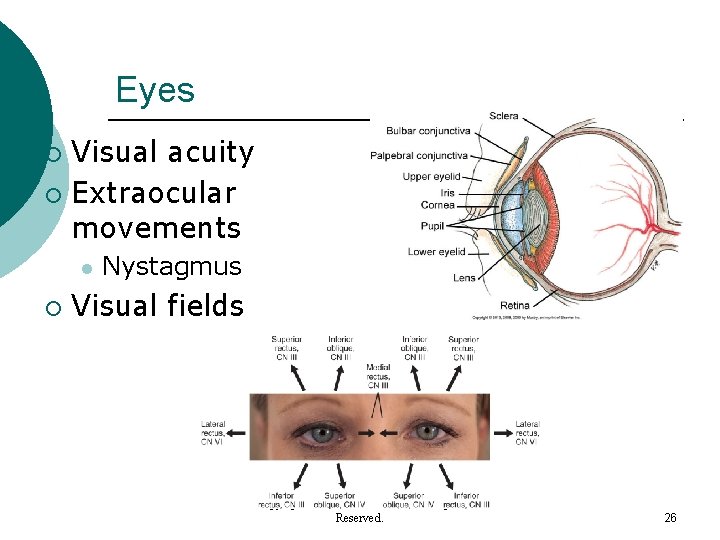 Eyes Visual acuity ¡ Extraocular movements ¡ l ¡ Nystagmus Visual fields Copyright © Eyes Visual acuity ¡ Extraocular movements ¡ l ¡ Nystagmus Visual fields Copyright ©