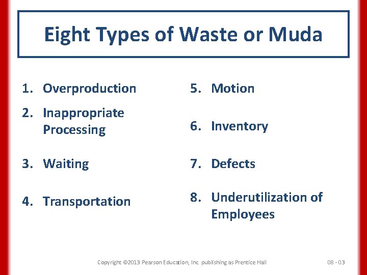 Eight Types of Waste or Muda 1. Overproduction 5. Motion 2. Inappropriate Processing 6.