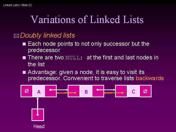 Linked Lists / Slide 22 Variations of Linked Lists Doubly linked lists Each node