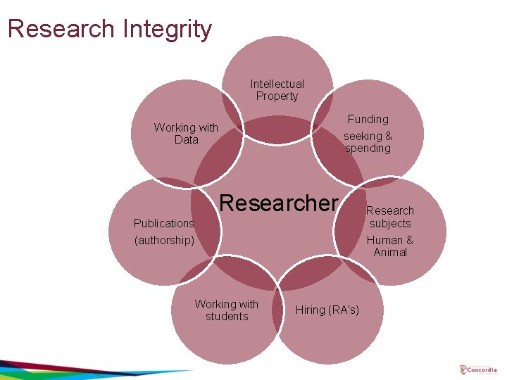 Research Integrity Intellectual Property Funding seeking & spending Working with Data Researcher Publications (authorship) Research Integrity Intellectual Property Funding seeking & spending Working with Data Researcher Publications (authorship)