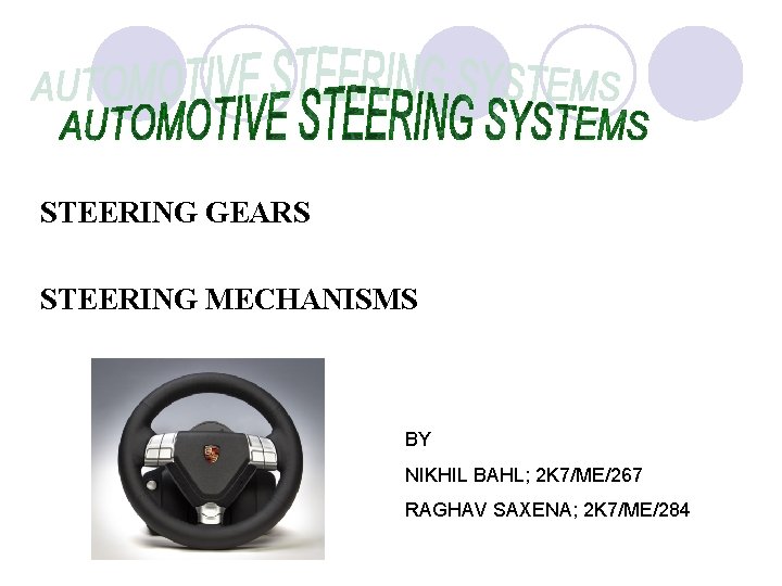 STEERING GEARS STEERING MECHANISMS BY NIKHIL BAHL; 2 K 7/ME/267 RAGHAV SAXENA; 2 K