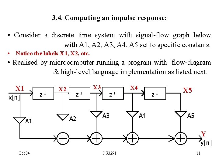 3. 4. Computing an impulse response: • Consider a discrete time system with signal-flow
