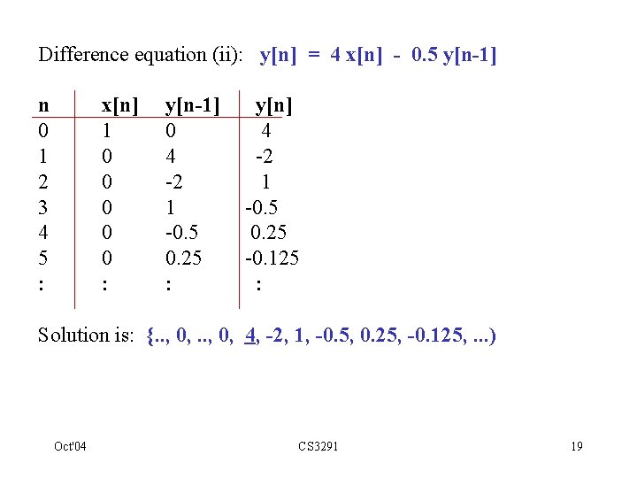 Difference equation (ii): y[n] = 4 x[n] - 0. 5 y[n-1] n x[n] y[n-1]
