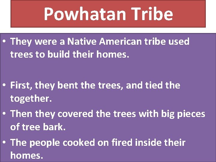 Powhatan Tribe • They were a Native American tribe used trees to build their