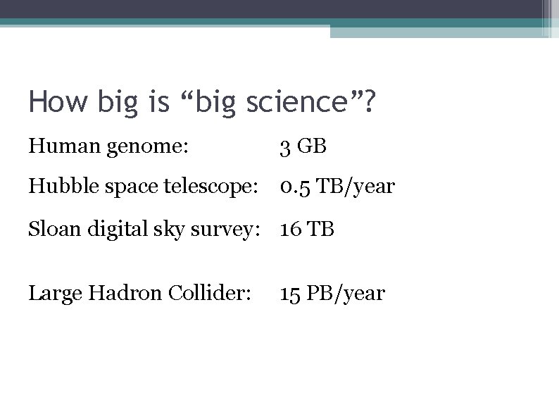 How big is “big science”? Human genome: 3 GB DASS audio sampler: 350 GB