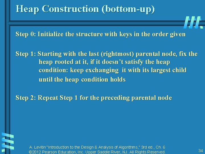 Heap Construction (bottom-up) Step 0: Initialize the structure with keys in the order given