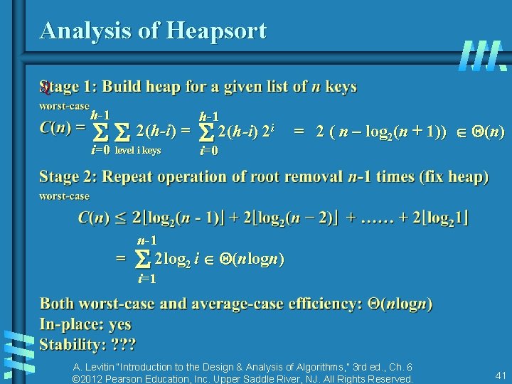 Analysis of Heapsort b h-1 2(h-i) = 2(h-i) 2 i i=0 level i keys