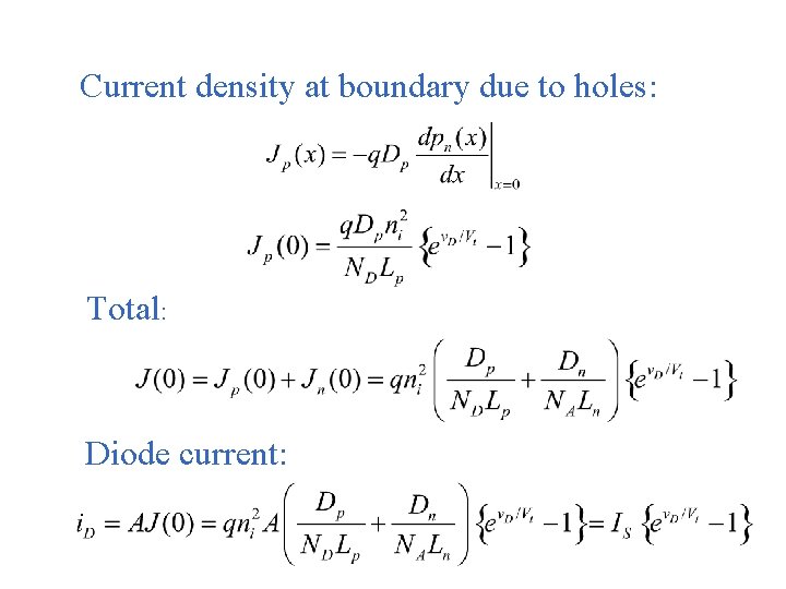 Current density at boundary due to holes: Total: Diode current: 