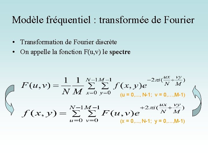 Modèle fréquentiel : transformée de Fourier • Transformation de Fourier discrète • On appelle