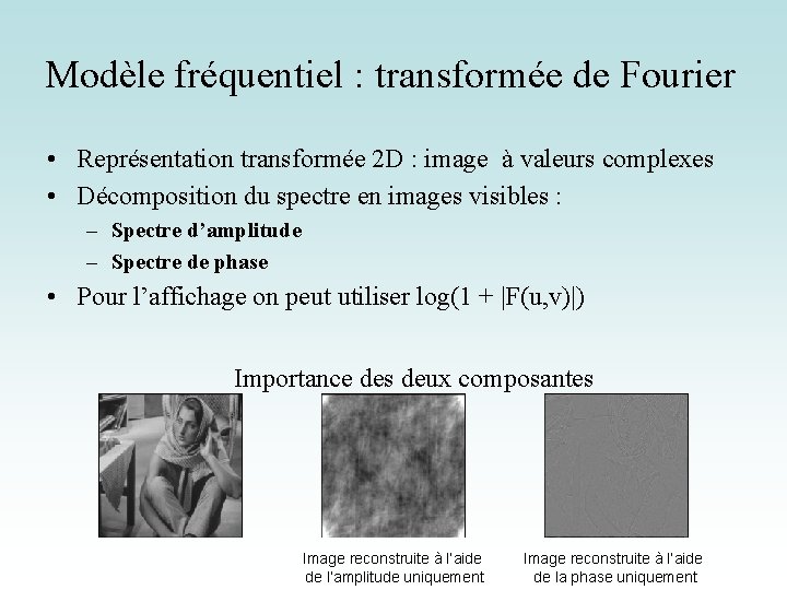 Modèle fréquentiel : transformée de Fourier • Représentation transformée 2 D : image à