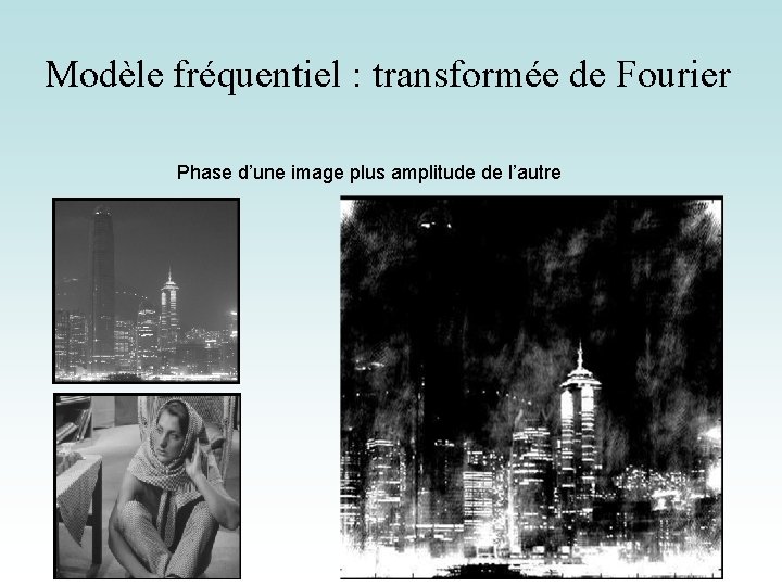 Modèle fréquentiel : transformée de Fourier Phase d’une image plus amplitude de l’autre 