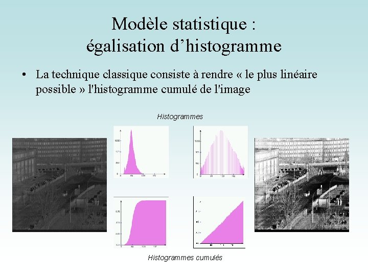 Modèle statistique : égalisation d’histogramme • La technique classique consiste à rendre « le