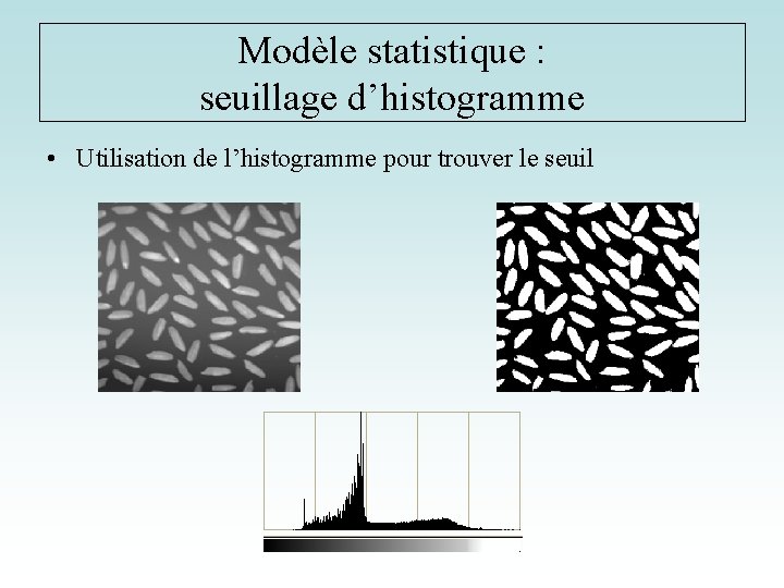 Modèle statistique : seuillage d’histogramme • Utilisation de l’histogramme pour trouver le seuil 
