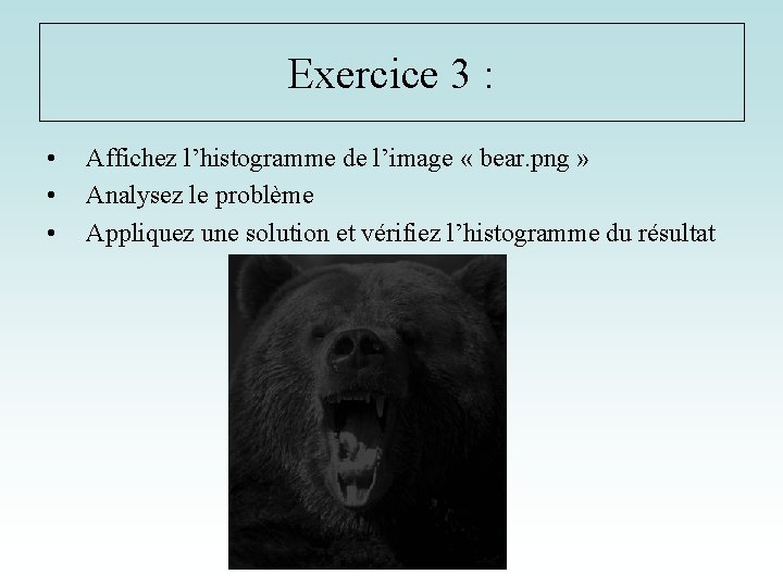Exercice 3 : • • • Affichez l’histogramme de l’image « bear. png »