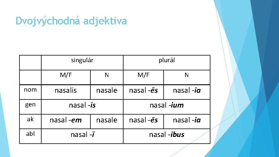 Dvojvýchodná adjektiva singulár plurál M/F N nom nasalis nasale nasal -ēs nasal -ia gen
