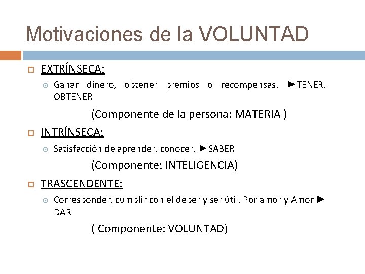 Motivaciones de la VOLUNTAD EXTRÍNSECA: (Componente de la persona: MATERIA ) INTRÍNSECA: Ganar dinero,