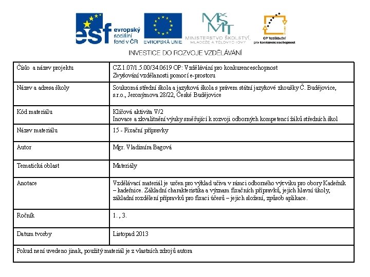 Číslo a název projektu CZ. 1. 07/1. 5. 00/34. 0619 OP: Vzdělávání pro konkurenceschopnost