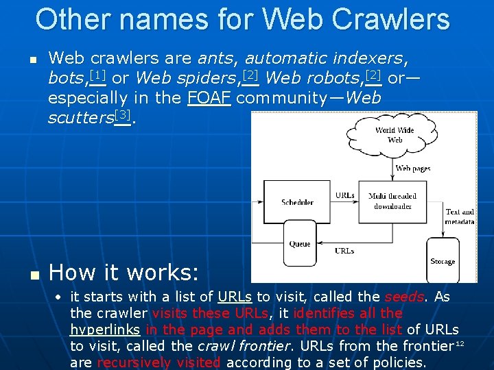 Other names for Web Crawlers n n Web crawlers are ants, automatic indexers, bots,