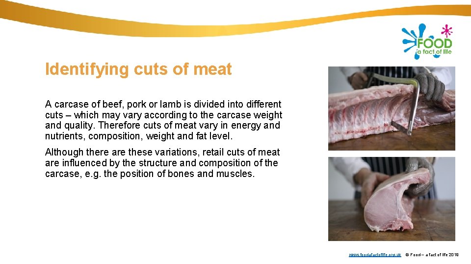 Identifying cuts of meat A carcase of beef, pork or lamb is divided into