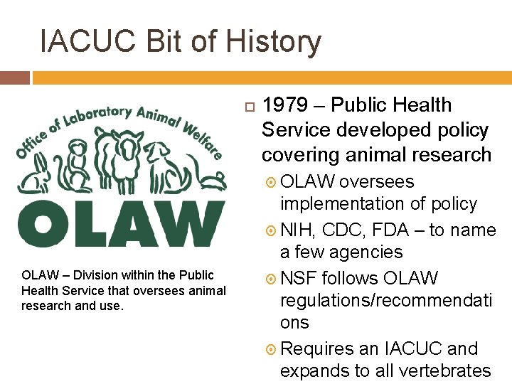 IACUC Bit of History 1979 – Public Health Service developed policy covering animal research