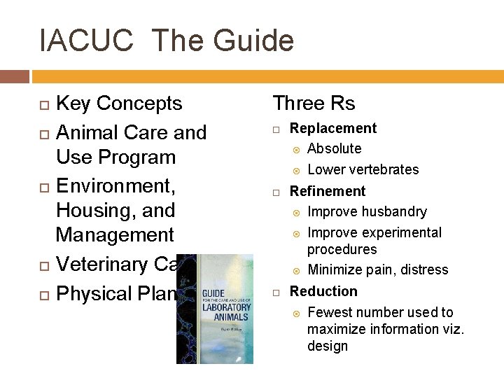 IACUC The Guide Key Concepts Animal Care and Use Program Environment, Housing, and Management