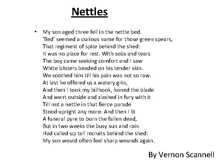 Nettles • My son aged three fell in the nettle bed. 'Bed' seemed a