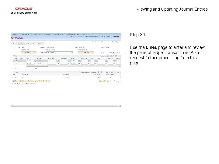 Viewing and Updating Journal Entries Step 30 Use the Lines page to enter and