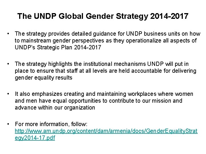 The UNDP Global Gender Strategy 2014 -2017 • The strategy provides detailed guidance for
