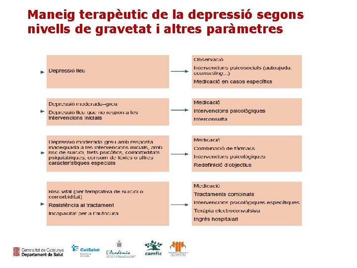 Maneig terapèutic de la depressió segons nivells de gravetat i altres paràmetres 