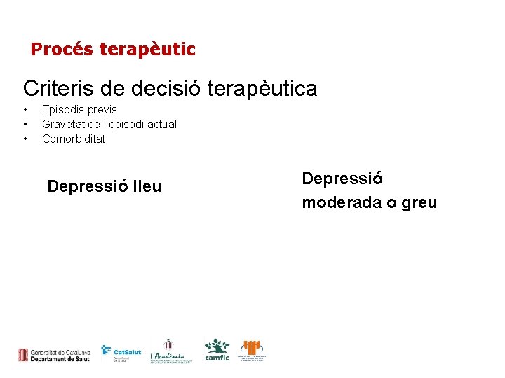 Procés terapèutic Criteris de decisió terapèutica • • • Episodis previs Gravetat de l’episodi