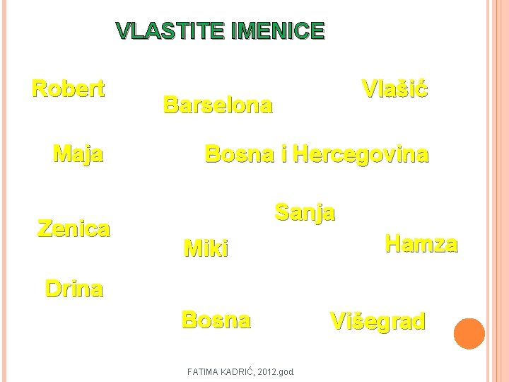 VLASTITE IMENICE Robert Maja Zenica Vlašić Barselona Bosna i Hercegovina Sanja Miki Hamza Drina